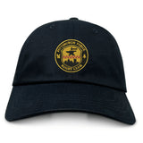 The Pittsburgh Forge Adult Low-Profile Cotton Twill Dad Cap by EMB S&S Activewear is a black dad cap with the Pittsburgh Forge Rugby Club logo embroidered in yellow, red, and black on the front.