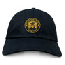 The Pittsburgh Forge Adult Low-Profile Cotton Twill Dad Cap by EMB S&S Activewear is a black dad cap with the Pittsburgh Forge Rugby Club logo embroidered in yellow, red, and black on the front.