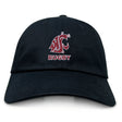 The EMB S&S Activewear Washington State University Adult Low-Profile Cotton Twill Dad Cap is black with an embroidered maroon and white cougar head logo and "RUGBY" below.