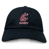 The EMB S&S Activewear Washington State University Adult Low-Profile Cotton Twill Dad Cap is black with an embroidered maroon and white cougar head logo and "RUGBY" below.