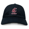 The EMB S&S Activewear Washington State University Adult Low-Profile Cotton Twill Dad Cap is black with an embroidered maroon and white cougar head logo and "RUGBY" below.