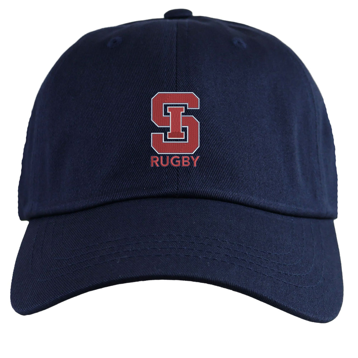 The St. Ignatius Rugby Adult Low-Profile Cotton Twill Dad Cap by EMB S&S Activewear is navy blue with a red and white embroidered "S" logo and "RUGBY" on the front, offering classic team style.