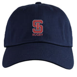 The St. Ignatius Rugby Adult Low-Profile Cotton Twill Dad Cap by EMB S&S Activewear is navy blue with a red and white embroidered "S" logo and "RUGBY" on the front, offering classic team style.