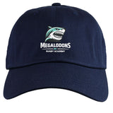 The EMB S&S Activewear NC Rugby Academy - Megalodons Adult Low-Profile Cotton Twill Dad Cap features navy blue twill fabric with embroidered shark logo and "Megalodons NC Rugby Academy" on the front.