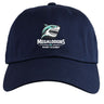 The EMB S&S Activewear NC Rugby Academy - Megalodons Adult Low-Profile Cotton Twill Dad Cap features navy blue twill fabric with embroidered shark logo and "Megalodons NC Rugby Academy" on the front.