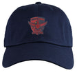 The EMB S&S Activewear Charlotte Cardinals Dad Cap in navy blue features a red and gold embroidered team logo on the front—ideal for rugby fans.