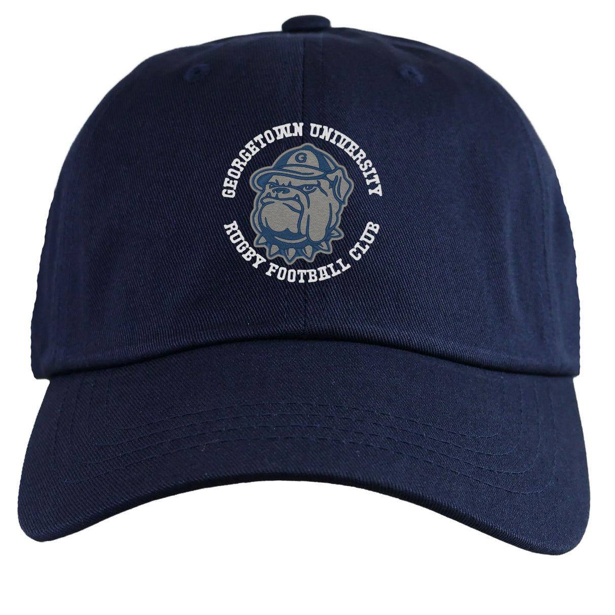 The EMB S&S Activewear Georgetown University RFC Adult Low-Profile Cotton Twill Dad Cap is a navy blue cap with the Rugby Football Club logo and an embroidered bulldog graphic on the front.