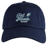 The Gulf Coast Fat Alberts Adult Low-Profile Cotton Twill Dad Cap by EMB S&S Activewear features "Fat Alberts Rugby" and a rugby ball graphic embroidered on the front in navy blue cotton twill.