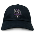 The EMB S&S Activewear Cypress Warriors Men's Rugby Adult Low-Profile Cotton Twill Dad Cap features team embroidery with a stylized warrior, sword, and text in purple, white, and black.