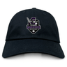 The EMB S&S Activewear Cypress Warriors Men's Rugby Adult Low-Profile Cotton Twill Dad Cap features team embroidery with a stylized warrior, sword, and text in purple, white, and black.