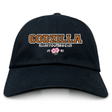 Introducing the Godzilla Rugby Football Club Adult Low-Profile Cotton Twill Dad Cap by EMB S&S Activewear—a black cotton twill hat featuring bold gold and white “GODZILLA RUGBY FOOTBALL CLUB” embroidery, a pink flower, and “19 93” displayed on the front for standout team branding.