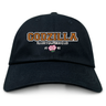 Introducing the Godzilla Rugby Football Club Adult Low-Profile Cotton Twill Dad Cap by EMB S&S Activewear—a black cotton twill hat featuring bold gold and white “GODZILLA RUGBY FOOTBALL CLUB” embroidery, a pink flower, and “19 93” displayed on the front for standout team branding.