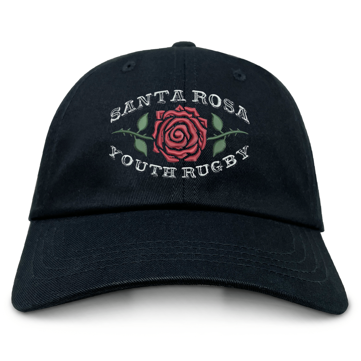 The EMB S&S Activewear Santa Rosa Youth Rugby Adult Low-Profile Cotton Twill Dad Cap features black cotton twill construction, a red rose, and “Santa Rosa Youth Rugby” embroidered team branding on the front.
