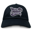 Introducing the Valley Panthers Girls Rugby Adult Low-Profile Cotton Twill Dad Cap by EMB S&S Activewear, a black cotton twill cap with “Valley Panthers Girls Rugby” team branding embroidered in purple, white, and gray on the front.