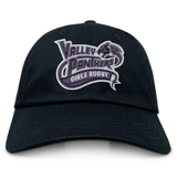 Introducing the Valley Panthers Girls Rugby Adult Low-Profile Cotton Twill Dad Cap by EMB S&S Activewear, a black cotton twill cap with “Valley Panthers Girls Rugby” team branding embroidered in purple, white, and gray on the front.