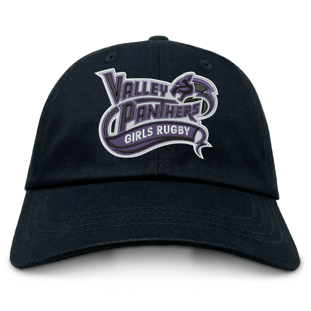 Introducing the Valley Panthers Girls Rugby Adult Low-Profile Cotton Twill Dad Cap by EMB S&S Activewear, a black cotton twill cap with “Valley Panthers Girls Rugby” team branding embroidered in purple, white, and gray on the front.