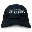 Introducing the South Orange County Raptors Adult Low-Profile Cotton Twill Dad Cap by EMB S&S Activewear—a classic black cap featuring white embroidered “South Orange County Raptors Rugby Est. 2005” team branding on the front.