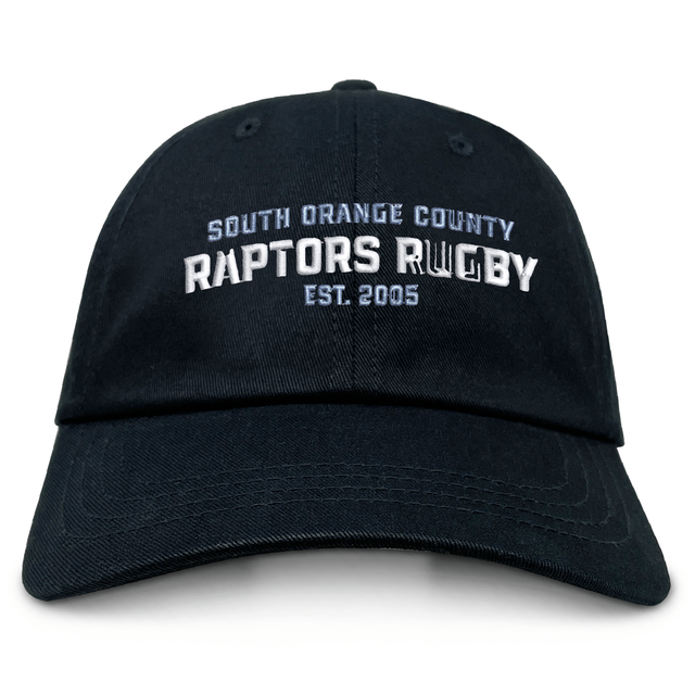 Introducing the South Orange County Raptors Adult Low-Profile Cotton Twill Dad Cap by EMB S&S Activewear—a classic black cap featuring white embroidered “South Orange County Raptors Rugby Est. 2005” team branding on the front.