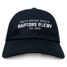 Introducing the South Orange County Raptors Adult Low-Profile Cotton Twill Dad Cap by EMB S&S Activewear—a classic black cap featuring white embroidered “South Orange County Raptors Rugby Est. 2005” team branding on the front.