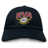 The EMB S&S Activewear RVA T.R.C. Adult Low-Profile Cotton Twill Dad Cap is crafted from black cotton twill and showcases “RVA” in bold red letters, an embroidered rugby ball graphic, and “T.R.C. Richmond, VA” text on the front for standout team branding.