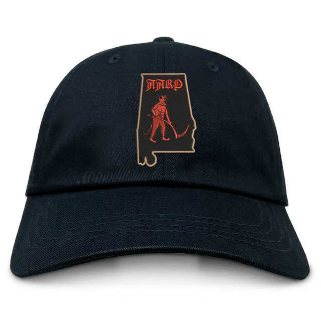 An Aging Alabama Rugby Players Adult Low-Profile Cotton Twill Dad Cap by EMB S&S Activewear featuring an embroidered design of the state of Alabama, a figure with a scythe, and the word “HARD” in a gothic font.