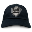 Black cotton twill ICRON Adult Low-Profile Cotton Twill Dad Cap featuring an embroidered shield emblem with a football icon and the word “ICRON.”