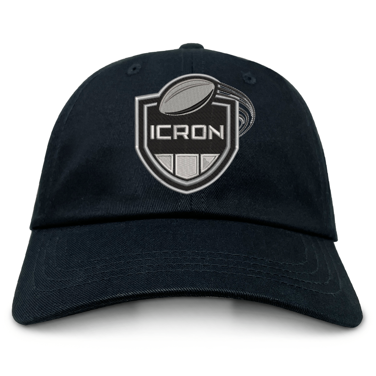 Black cotton twill ICRON Adult Low-Profile Cotton Twill Dad Cap featuring an embroidered shield emblem with a football icon and the word “ICRON.”