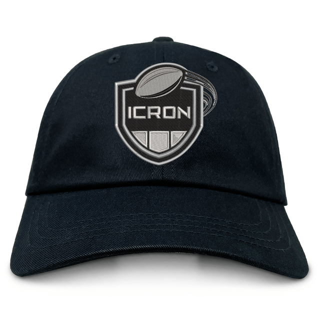 Black cotton twill ICRON Adult Low-Profile Cotton Twill Dad Cap featuring an embroidered shield emblem with a football icon and the word “ICRON.”