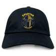 The Spartan Youth Rugby Adult Low-Profile Cotton Twill Dad Cap by EMB S&S Activewear features a gold and white embroidered Spartan helmet logo with "SPARTAN YOUTH RUGBY" above and below on black cotton twill.