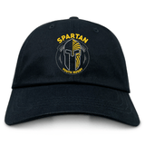 The Spartan Youth Rugby Adult Low-Profile Cotton Twill Dad Cap by EMB S&S Activewear features a gold and white embroidered Spartan helmet logo with "SPARTAN YOUTH RUGBY" above and below on black cotton twill.