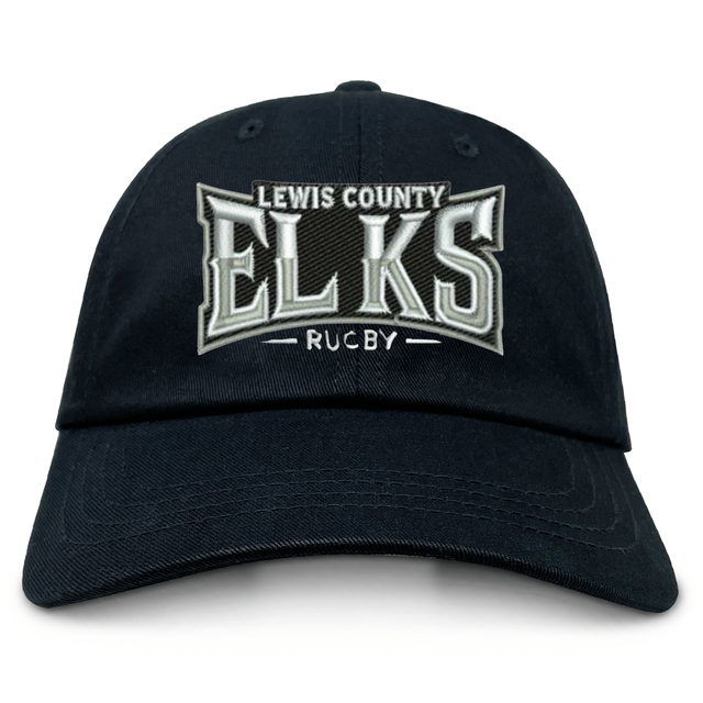 Show your team spirit with the Lewis County Elks Adult Low-Profile Cotton Twill Dad Cap by EMB S&S Activewear—a classic black cap crafted from durable cotton twill, featuring bold white and silver embroidery of “LEWIS COUNTY ELKS RUGBY” on the front for standout team branding.