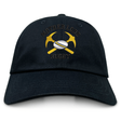 Black Mother Lode Adult Low-Profile Cotton Twill Dad Cap featuring an embroidered design of two crossed gold pickaxes behind a rugby ball, with “MOTHER LODE” above and “RUGBY” below.