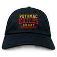 The Potomac Exiles Rugby Club Adult Low-Profile Cotton Twill Dad Cap by EMB S&S Activewear is crafted from durable cotton twill and features "POTOMAC EXILES RUGBY" boldly embroidered on the front in yellow and red lettering for standout team style.