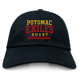 The Potomac Exiles Rugby Club Adult Low-Profile Cotton Twill Dad Cap by EMB S&S Activewear is crafted from durable cotton twill and features "POTOMAC EXILES RUGBY" boldly embroidered on the front in yellow and red lettering for standout team style.