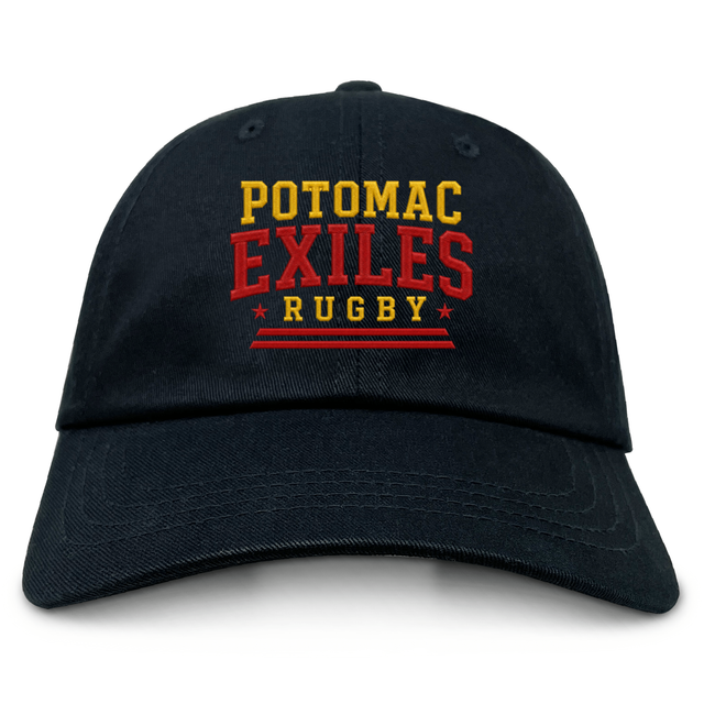 The Potomac Exiles Rugby Club Adult Low-Profile Cotton Twill Dad Cap by EMB S&S Activewear is crafted from durable cotton twill and features "POTOMAC EXILES RUGBY" boldly embroidered on the front in yellow and red lettering for standout team style.