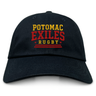 The Potomac Exiles Rugby Club Adult Low-Profile Cotton Twill Dad Cap by EMB S&S Activewear is crafted from durable cotton twill and features "POTOMAC EXILES RUGBY" boldly embroidered on the front in yellow and red lettering for standout team style.