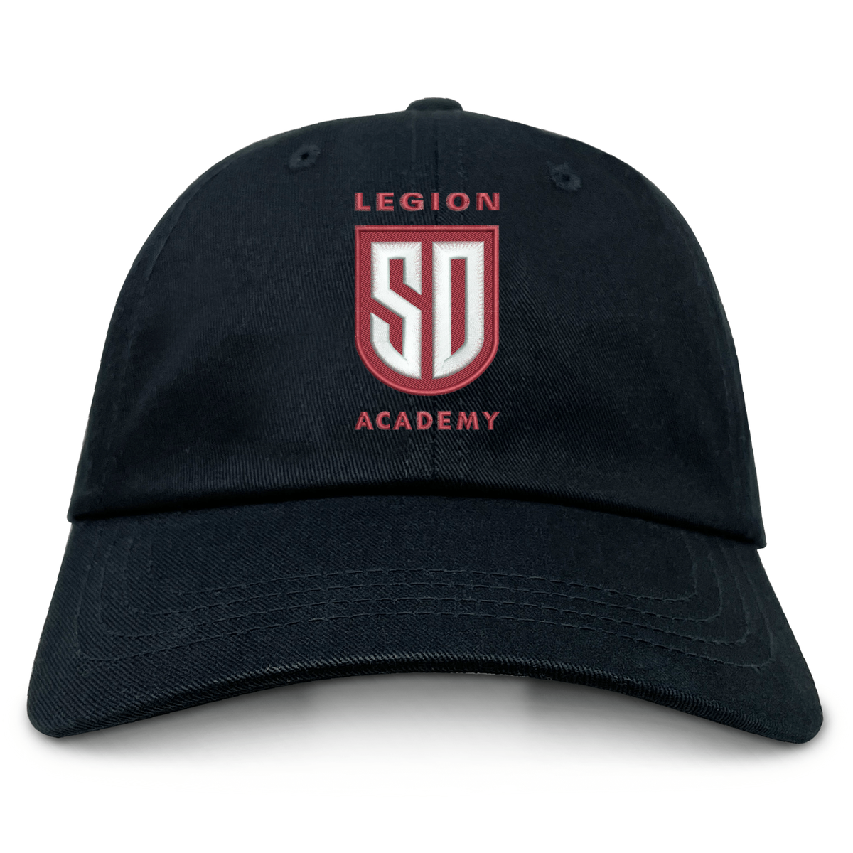 Legion Academy Adult Low-Profile Cotton Twill Dad Cap in black, featuring an embroidered “Legion Academy” logo and “SD” crest on the front.