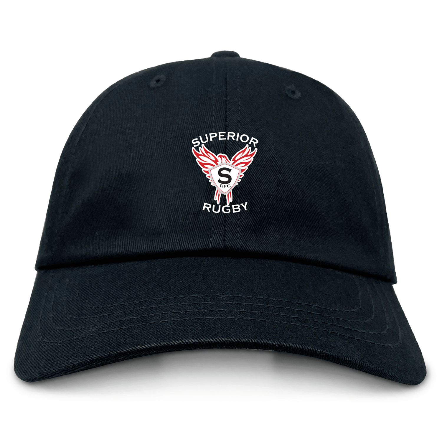 The EMB S&S Activewear Superior Rugby Club Adult Low-Profile Cotton Twill Dad Cap features embroidered team branding with a winged "S" logo on the front.