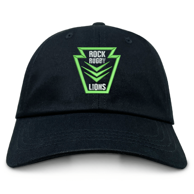 Rock Rugby Adult Low-Profile Cotton Twill Dad Cap featuring a green and white embroidered logo that reads “ROCK RUGBY LIONS” inside a keystone-shaped emblem.