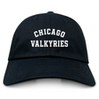 Show your team spirit with the Chicago Valkyries Adult Low-Profile Cotton Twill Dad Cap by EMB S&S Activewear, a classic black cap featuring bold white "CHICAGO VALKYRIES" embroidery on the front.