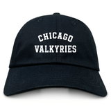 Show your team spirit with the Chicago Valkyries Adult Low-Profile Cotton Twill Dad Cap by EMB S&S Activewear, a classic black cap featuring bold white "CHICAGO VALKYRIES" embroidery on the front.
