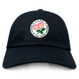 The Society of Iowa Rugby Referees Adult Low-Profile Cotton Twill Dad Cap by EMB S&S Activewear features a classic dad cap silhouette in black cotton twill, highlighted by a circular “Society of Iowa Rugby Referees” logo with pink wildflowers and green leaves embroidered on the front.