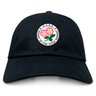 The Society of Iowa Rugby Referees Adult Low-Profile Cotton Twill Dad Cap by EMB S&S Activewear features a classic dad cap silhouette in black cotton twill, highlighted by a circular “Society of Iowa Rugby Referees” logo with pink wildflowers and green leaves embroidered on the front.