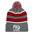 Celebrate USA Rugby's 50th Anniversary with the EMB Augusta beanie, featuring bold red and white stripes, a playful pom-pom, and the "50 USA Rugby" logo on the front.