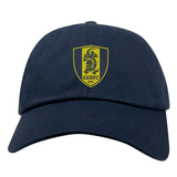 The Gotham Knights Adult Low-Profile Cotton Twill Dad Cap by EMB S&S Activewear is a classic navy blue hat with durable cotton twill, featuring embroidered yellow and black shield logo, dragon, and "GKRFC NYC" text on the front.