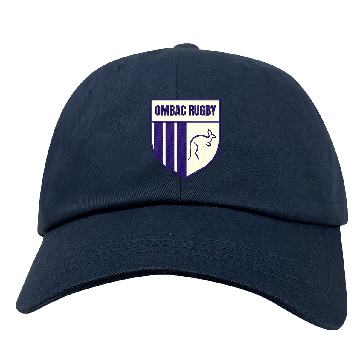 The EMB S&S Activewear OMBAC Rugby Adult Low-Profile Cotton Twill Dad Cap is navy blue with purple stripes and a stylized animal outline logo on the front.