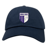 The EMB S&S Activewear OMBAC Rugby Adult Low-Profile Cotton Twill Dad Cap is navy blue with purple stripes and a stylized animal outline logo on the front.