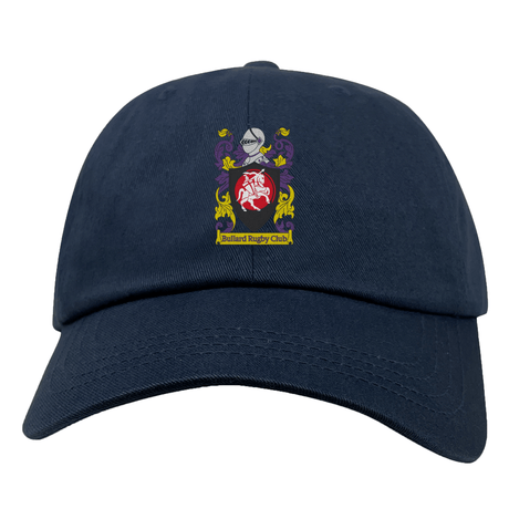 The Bullard Rugby Adult Low-Profile Cotton Twill Dad Cap by EMB S&S Activewear features the club crest embroidered on navy blue cotton twill, adding vintage charm to your sporty style.