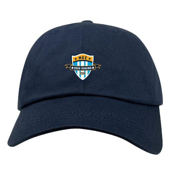 The Milwaukee Beer Barons RFC Adult Low-Profile Cotton Twill Dad Cap by EMB S&S Activewear in navy blue features a front embroidered "MKE Beer Barons" shield logo.