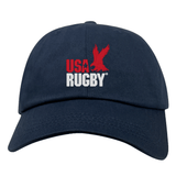 The USA Rugby Alternate Throwback Dad Cap by EMB S&S Activewear is a navy accessory featuring "USA RUGBY" and a bold red eagle logo embroidered on the front.